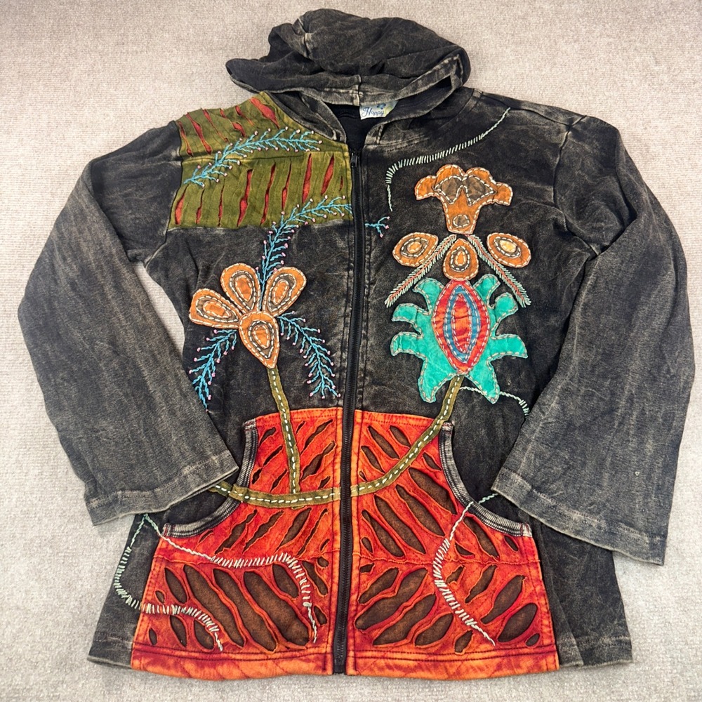 Happy Colors XL Black Mineral Wash Floral Patchwork Embroidered Zip Up Hoodie